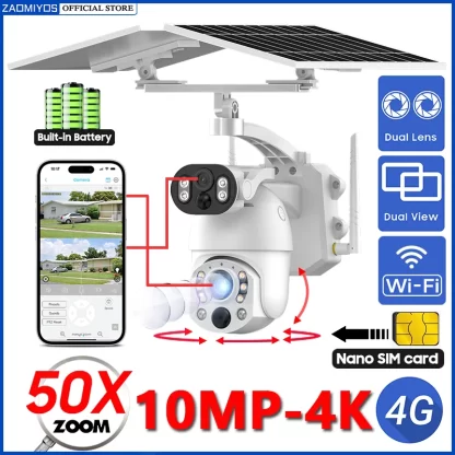 4K 4G Solar Camera WiFi Dual Screen Security PTZ Surveillance 50X Optical Zoom Outdoor Motion Detection Night Vision CCTV IP Cam